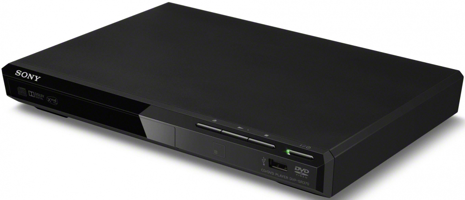 Schwarzer DVD-Player, Marke Sony. Enthält eine Ein-/Aus-Taste, Wiedergabe und einen USB-Anschluss.