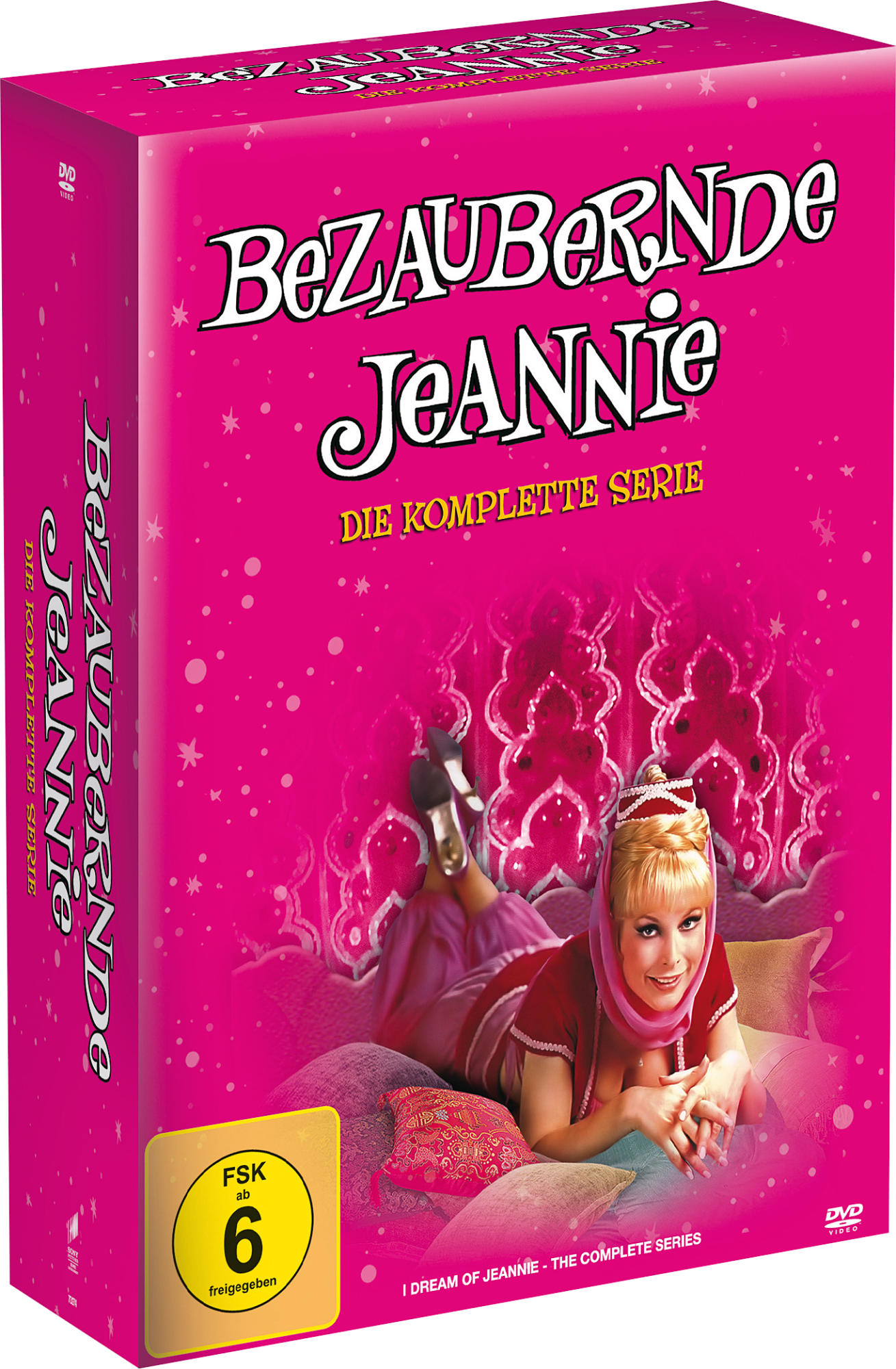 DVD-Box von 'I Dream of Jeannie'. Rosa Box mit Jeannie auf der Vorderseite. Text auf Deutsch. FSK 6 Altersfreigabe.