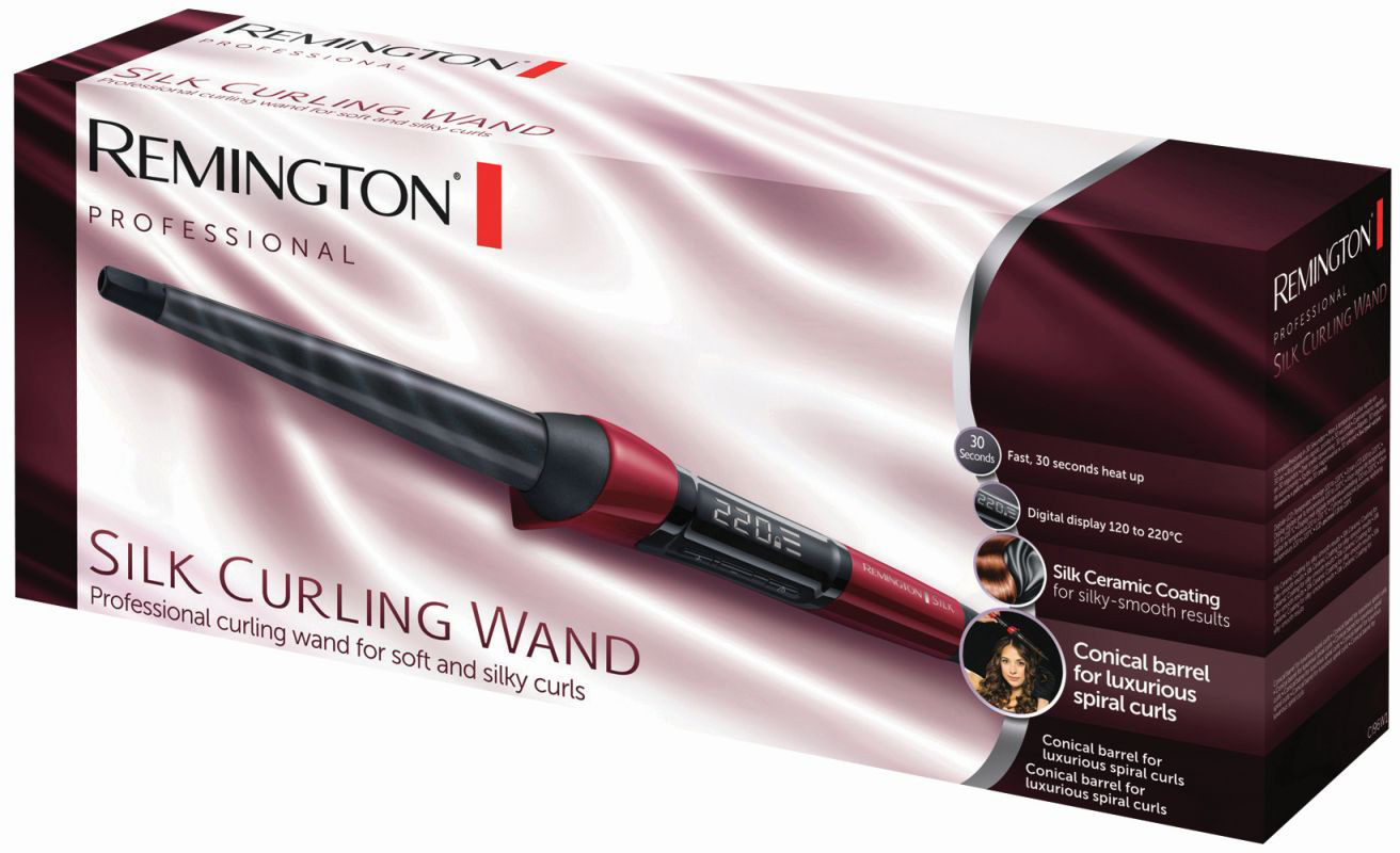 Remington Lockenstab-Box. Der Stab ist rot und schwarz, zeigt die Temperatur und hat einen konischen Lauf.