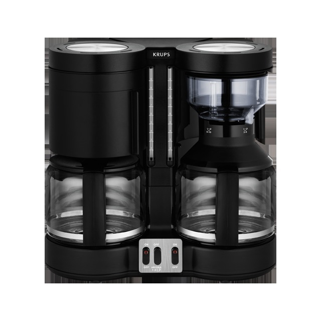 Schwarze Kaffeemaschine. Zwei Glaskaraffen und eine eingebaute Mühle. Ein/Aus-Tasten sind sichtbar.