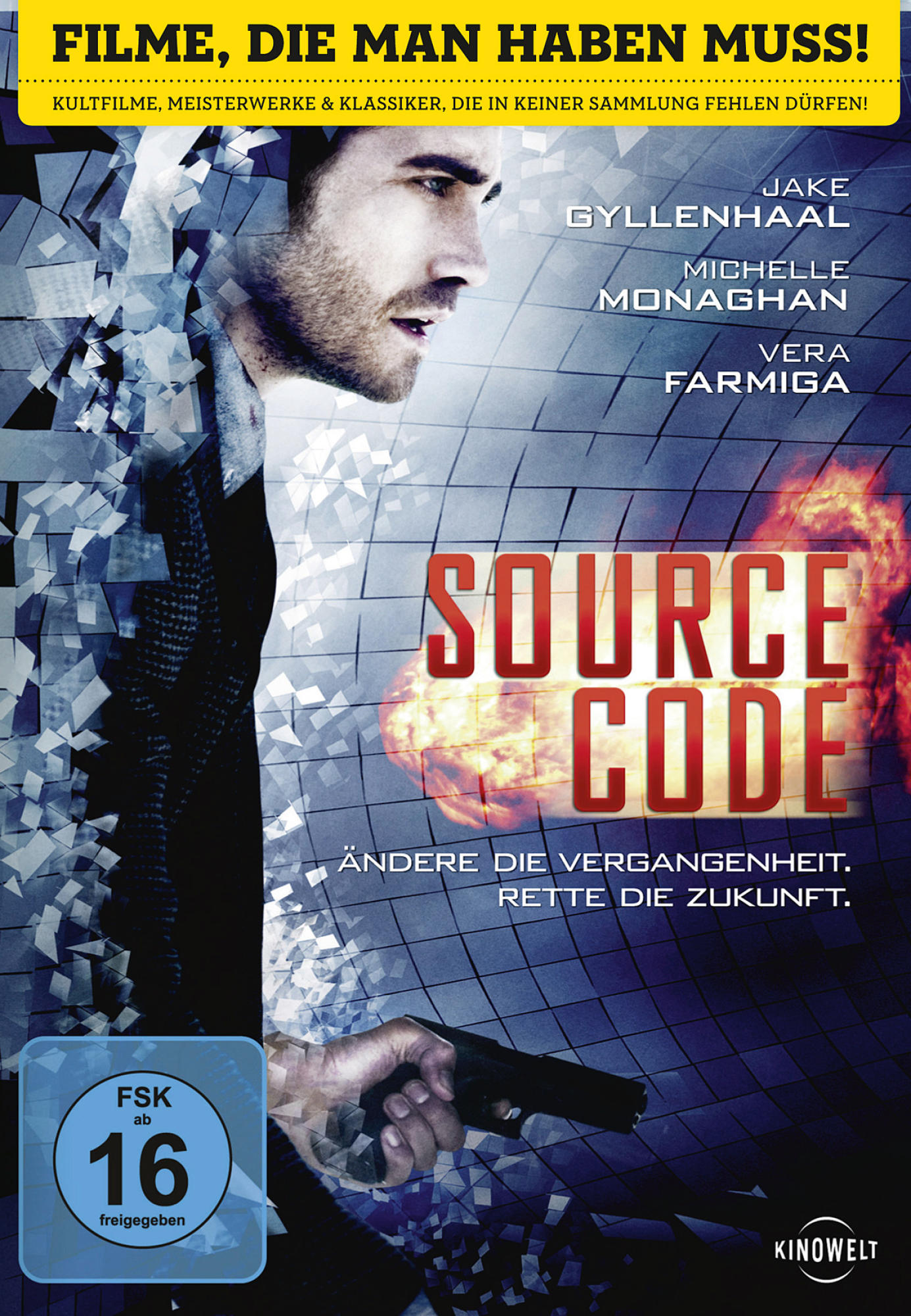 Source Code DVD-Cover. Jake Gyllenhaal in schwarzer Jacke vor blau-orangem Hintergrund.