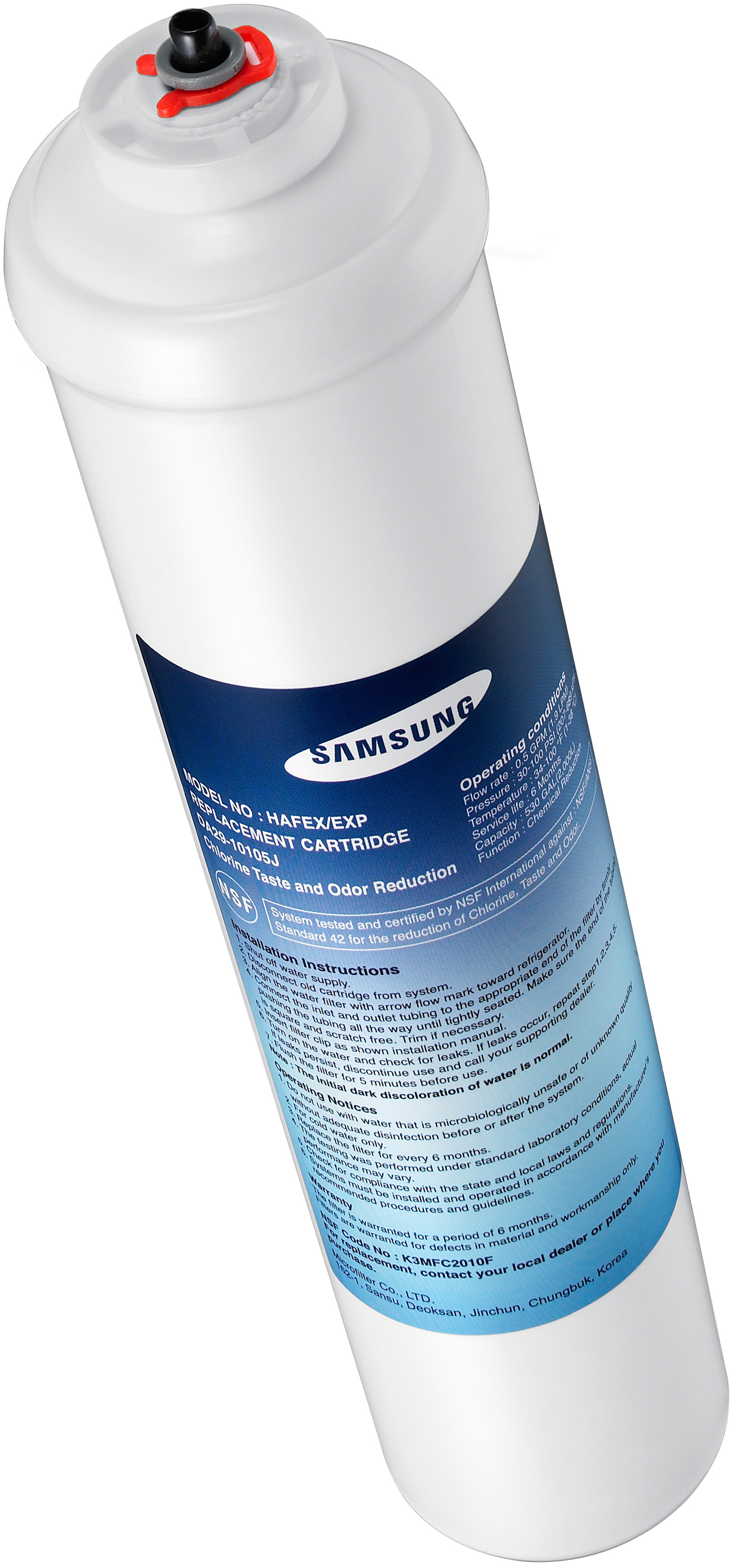 Weiße Samsung Wasserfilterpatrone mit blauem Text.