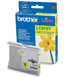 Tintenpatrone: Brother LC970Y, gelbe Tinte, Patrone und Verpackung, weißer Hintergrund.