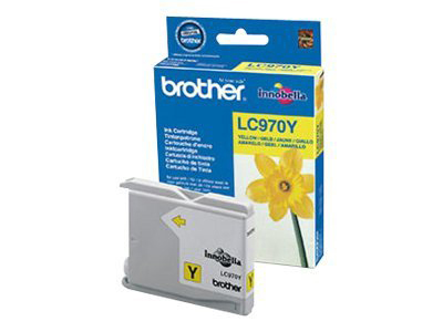 Schachtel mit Brother LC970Y Tintenpatrone. Die Patrone ist gelb, die Schachtel blau und gelb.