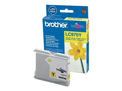 Brother-Tintenpatronenbox und -Patrone mit gelber Tinte. Narzissenbild.