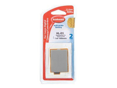 Akku für Canon-Kameras. Verpackt in einer Kunststoffblisterpackung mit einer rot-weißen Karte.