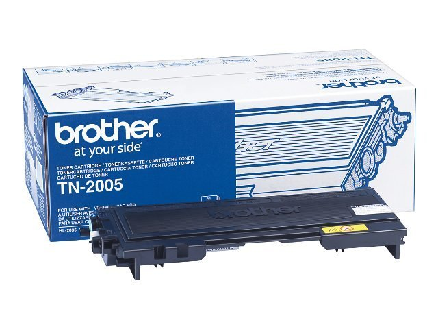 Brother TN-2005 Tonerkartusche in einer Box. Blaue und weiße Box mit der Tonerkartusche daneben.