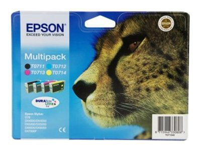 Epson Tintenpatronen-Multipack. Geparden-Gesicht im Hintergrund.