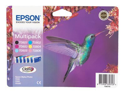 Epson Tintenpatronen. Ein Kolibri auf der Vorderseite, mit mehreren Farbpatronen.