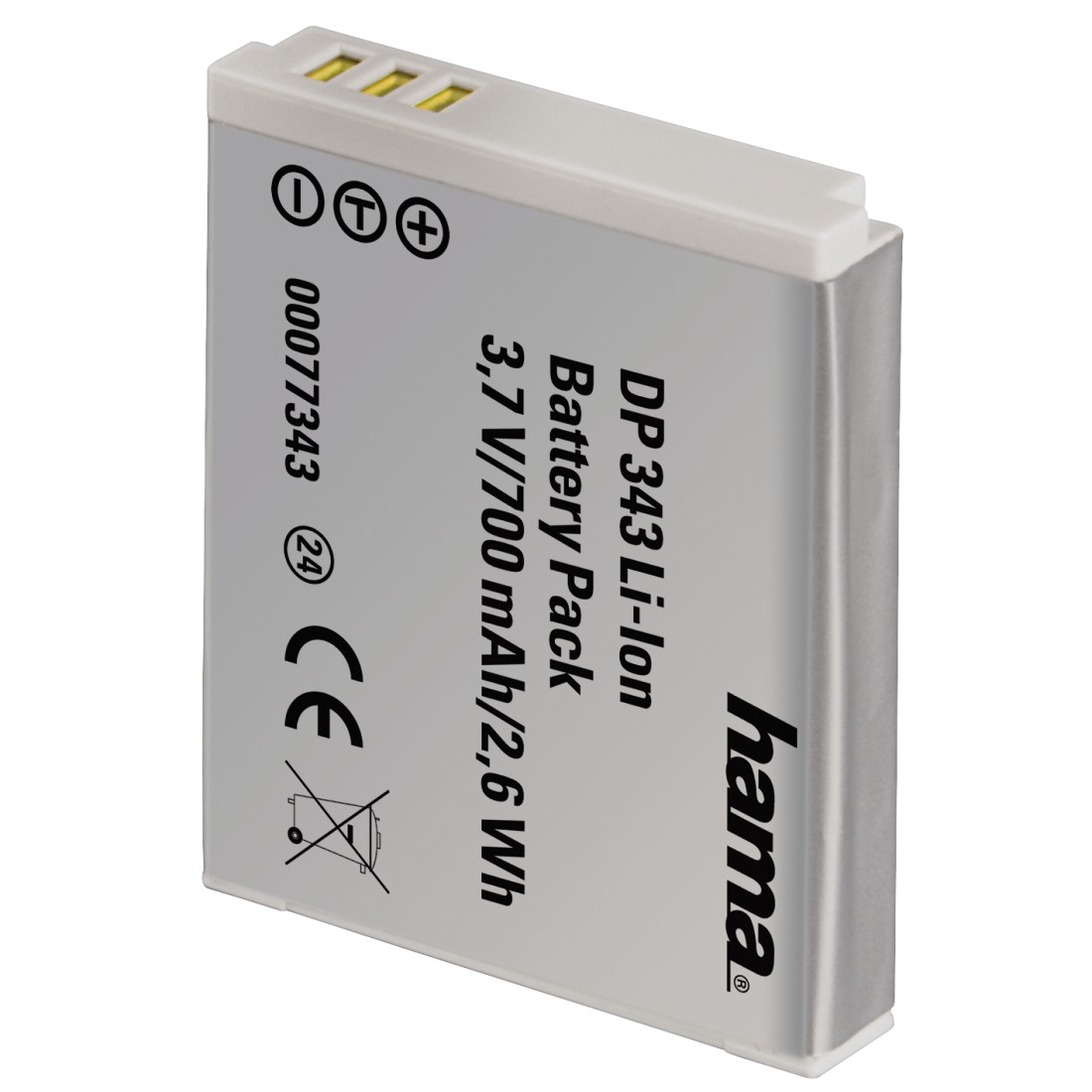 A silver and white DP 343 Li-Ion battery pack. Text on the battery.