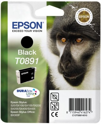 Epson schwarze Tintenpatrone mit Affengesicht und Produktinformationen.