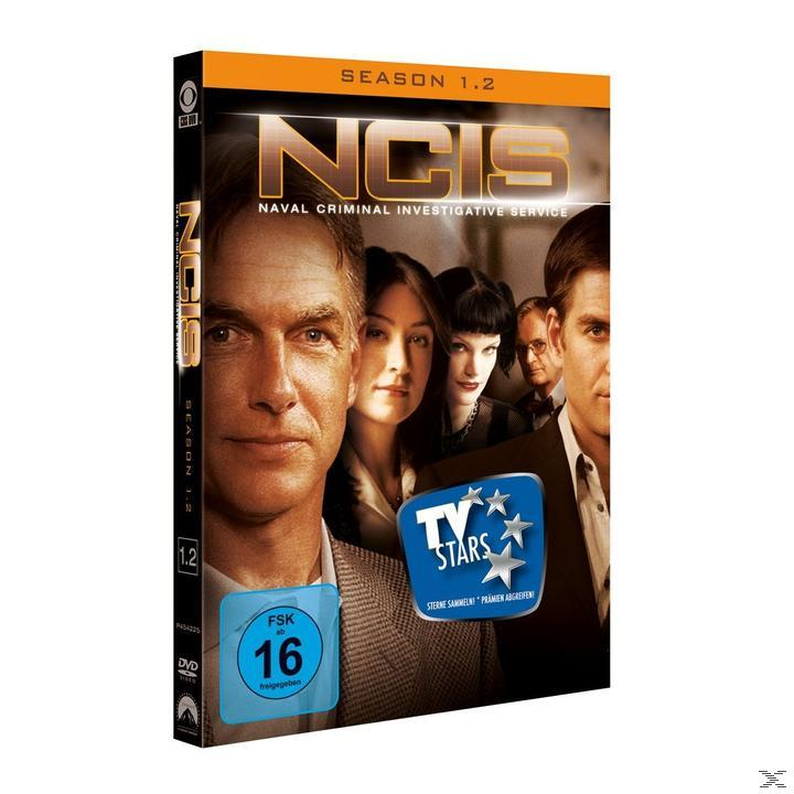 NCIS Staffel 1.2 DVD-Cover. Mark Harmon wird mit anderen Darstellern gezeigt. TV Stars Logo.