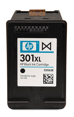Schwarze HP 301XL Tintenpatrone mit Aufkleber, der auf die einmalige Verwendung hinweist.