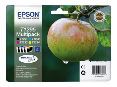 Epson Tintenpatronen-Multipack neben einem nassen Apfel auf weißem Grund.