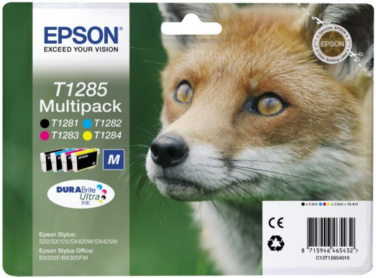 Epson T1285 Multipack Tintenpatronen. Ein Fuchsfell im Hintergrund. Mehrere Tintenfarben.