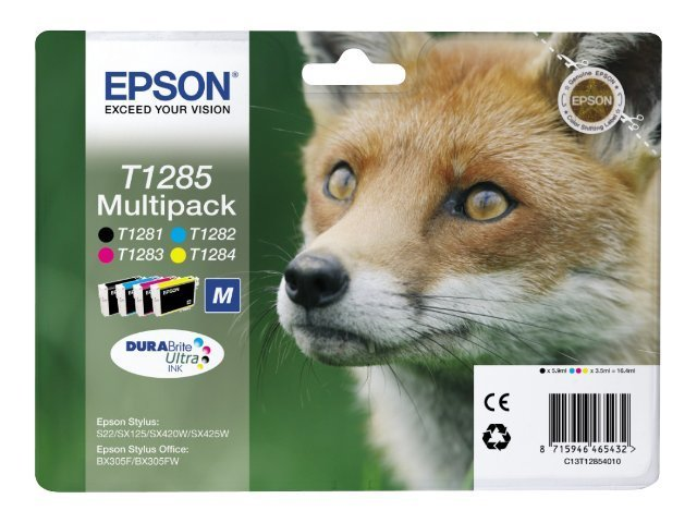 Epson Tintenpatronenpackung mit einem Fuchsbild. Verschiedene Tintenfarben sind links sichtbar.