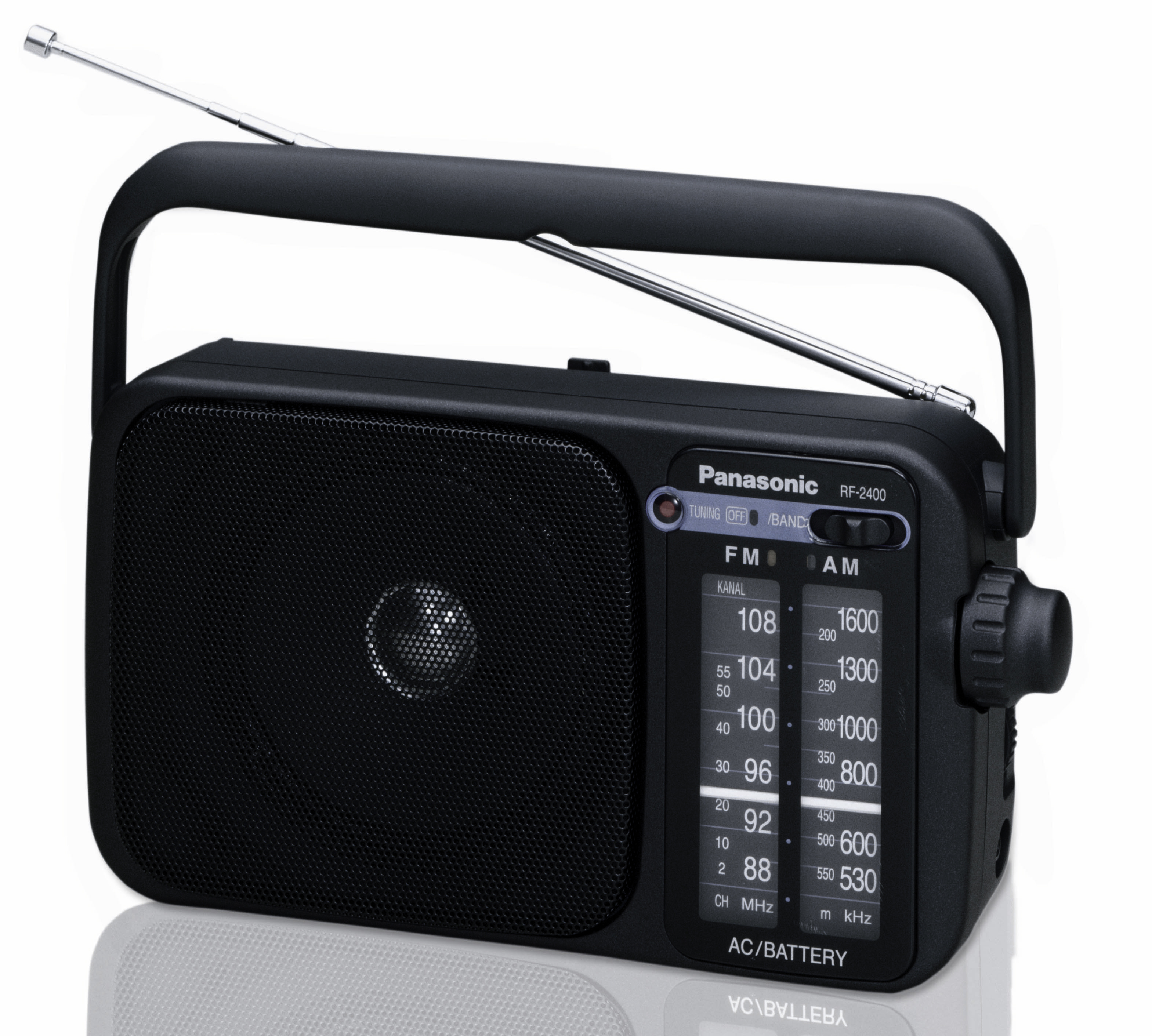 Schwarzes Panasonic RF-2400 Radio mit Griff und Antenne.