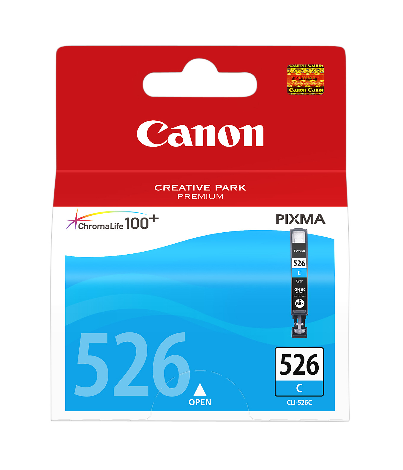 Canon Tintenpatronenverpackung, rot und blau, mit Produktinformationen.