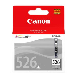 Canon Tintenpatronenverpackung, rot und weiß. Text: 'Canon', '526', 'PIXMA'. Graue Patrone sichtbar.