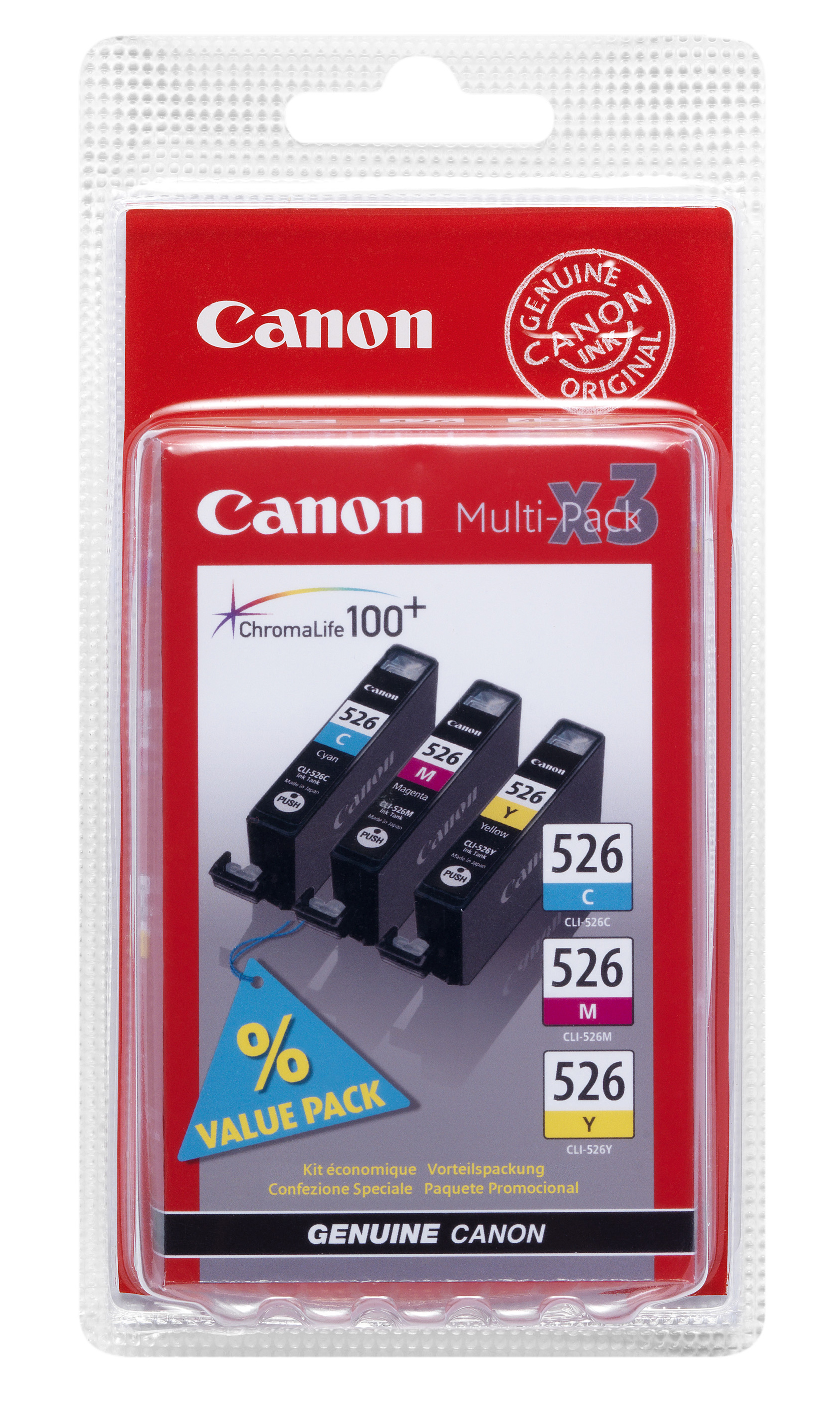 Canon Tintenpatronenpackung. Rote und weiße Verpackung. Drei Patronen sichtbar.