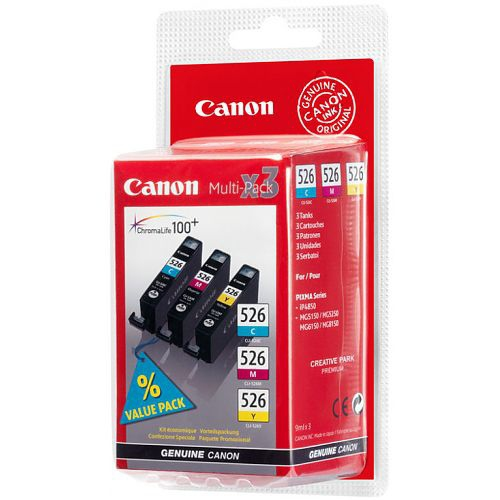 Canon Tintenpatronen in einer Verpackung. Die Verpackung ist rot, weiß und schwarz.