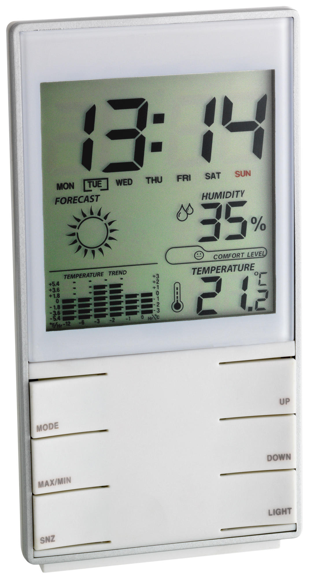 Weiße Digitaluhr, die Zeit, Datum und Wetterinformationen anzeigt.