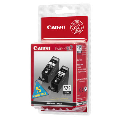 Canon Twin-Pack 525 PGBK Tintenpatronen. Zwei schwarze Tintenpatronen in einer weiß-roten Verpackung.
