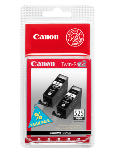 Canon Twin-Pack 2 Tintenpatronenverpackung. Rot und weiß. Zwei schwarze Tintenpatronen.