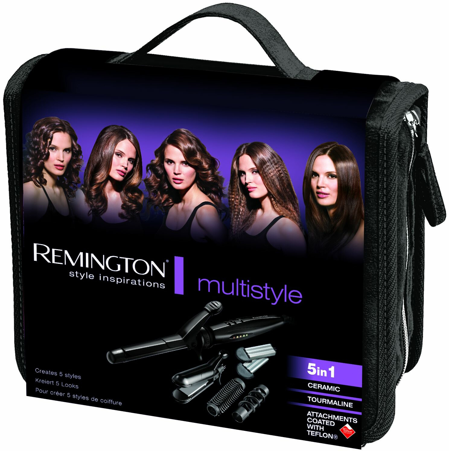 Eine schwarze Kosmetiktasche mit mehreren Werkzeugen und Frauen mit unterschiedlichen Frisuren auf dem Cover.