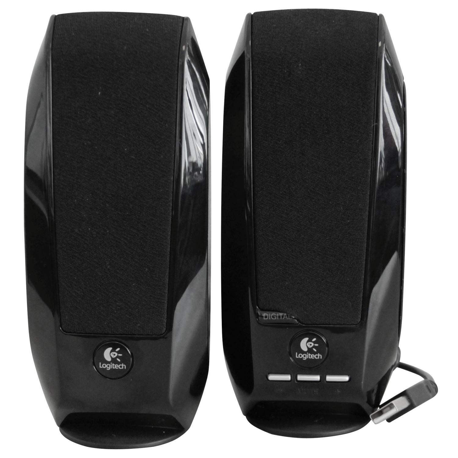 İki siyah Logitech hoparlör. Logitech logosu her birinin ön tarafında.