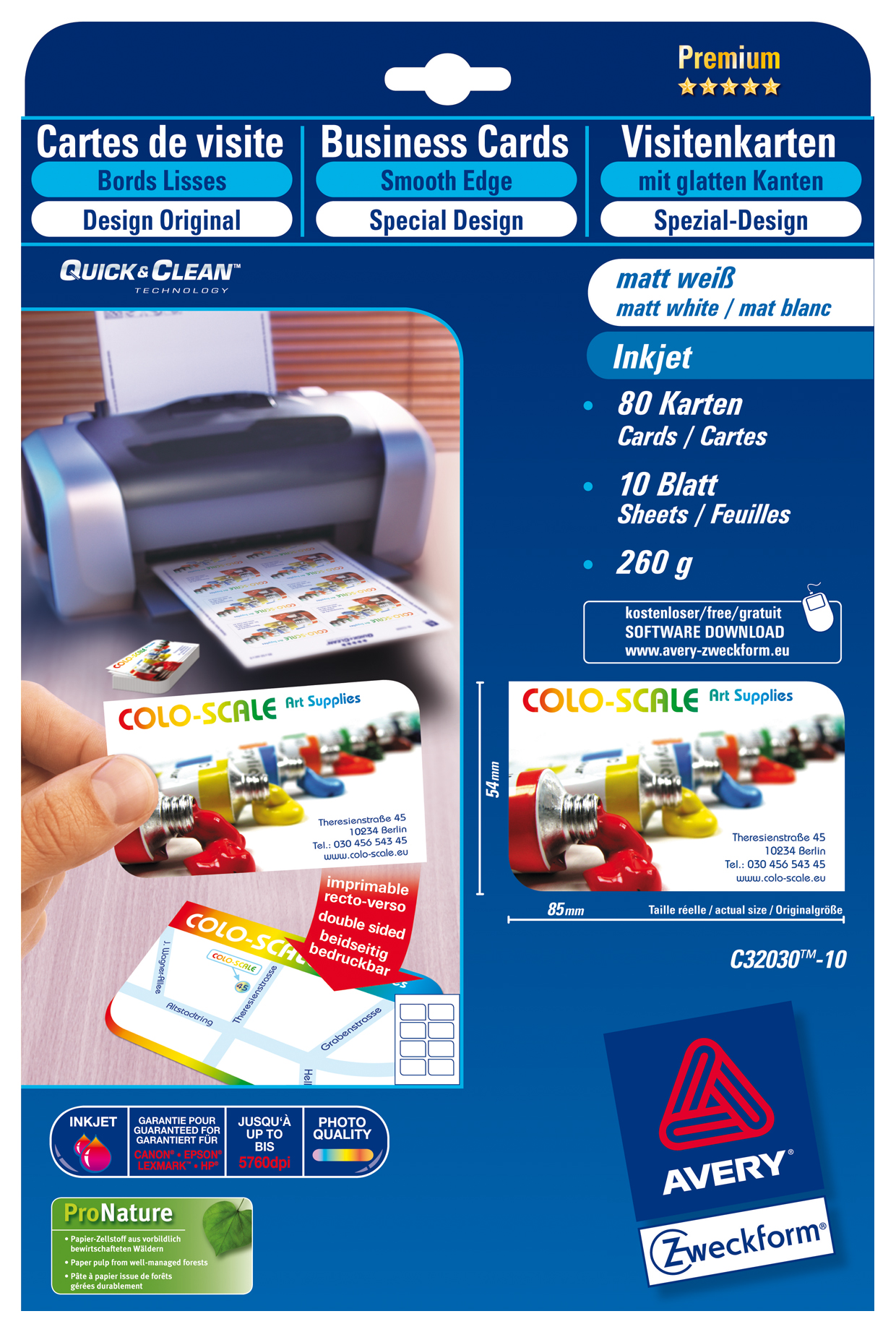 AVERY ZWECKFORM C32030-10 DESIGN VISITENKARTE INKJET 260G