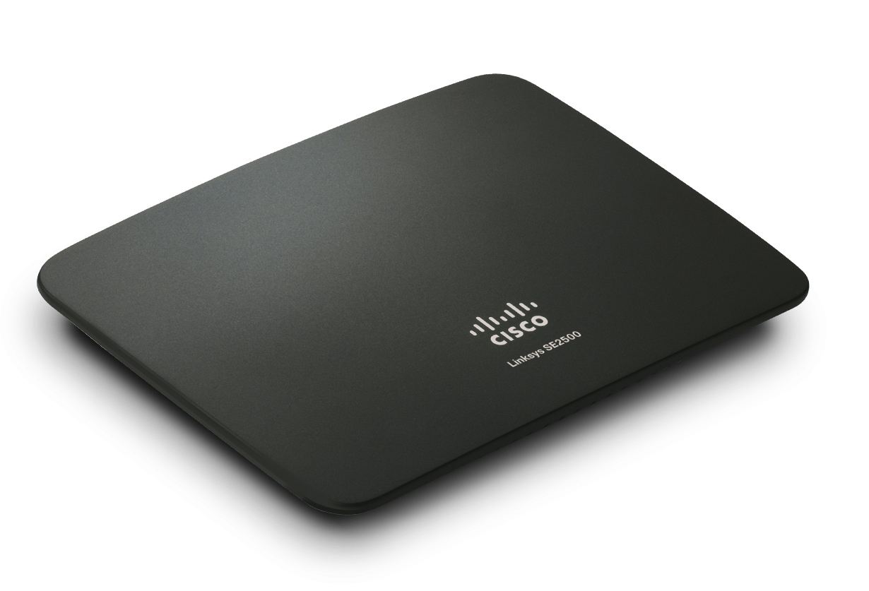 Commutateur réseau Cisco Linksys SE2500 noir sur fond blanc.