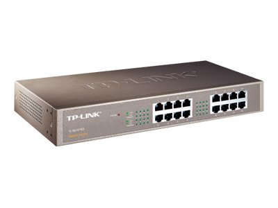 Ein silberner TP-Link Switch mit 16 Ports. Der Switch befindet sich auf weißem Hintergrund.