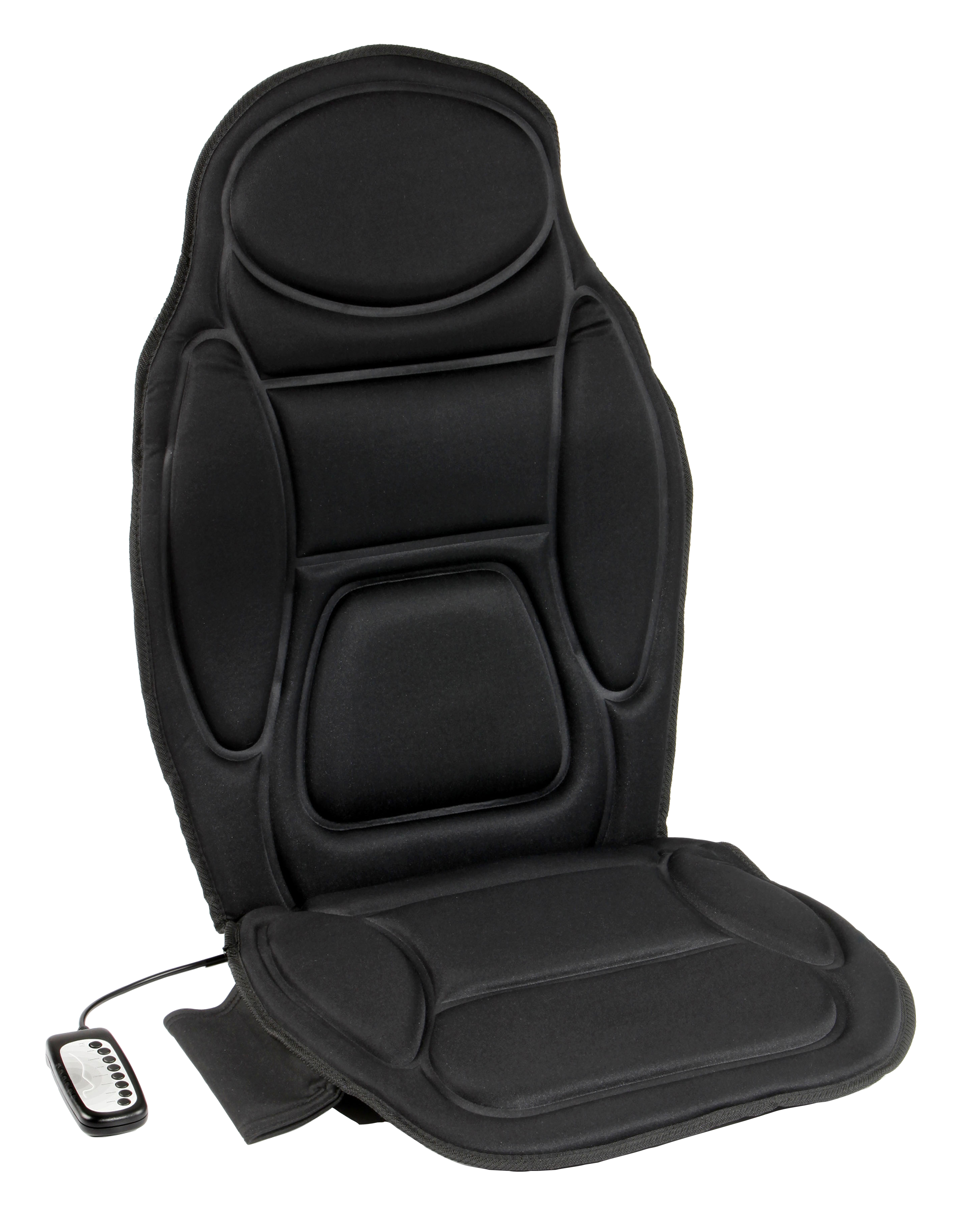 Schwarzes Massage-Sitzpolster mit Fernbedienung. Weißer Hintergrund, ergonomisches Design.