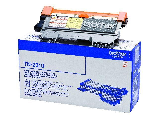 Brother TN-2010 Tonerkartuschenbox. Orange und schwarze Tonerkartusche oben. Weißer Hintergrund.