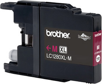 Schwarze Brother Tintenpatrone. Die Patrone hat ein pinkfarbenes 'M' und den Text 'LC1280XL-M'.
