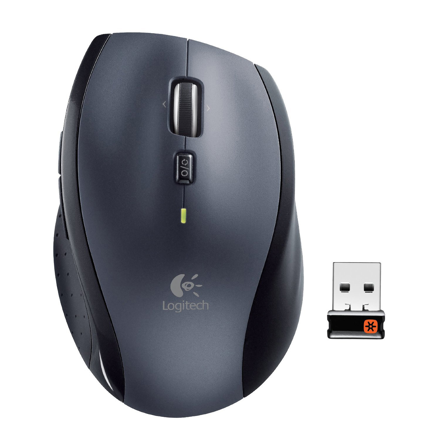 USB alıcılı siyah ve gri bir Logitech kablosuz fare.
