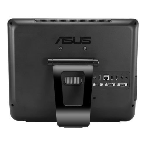 Siyah bir ASUS bilgisayar monitörünün arkası, bağlantı noktaları ve bir stand ile, beyaz zemin üzerinde.