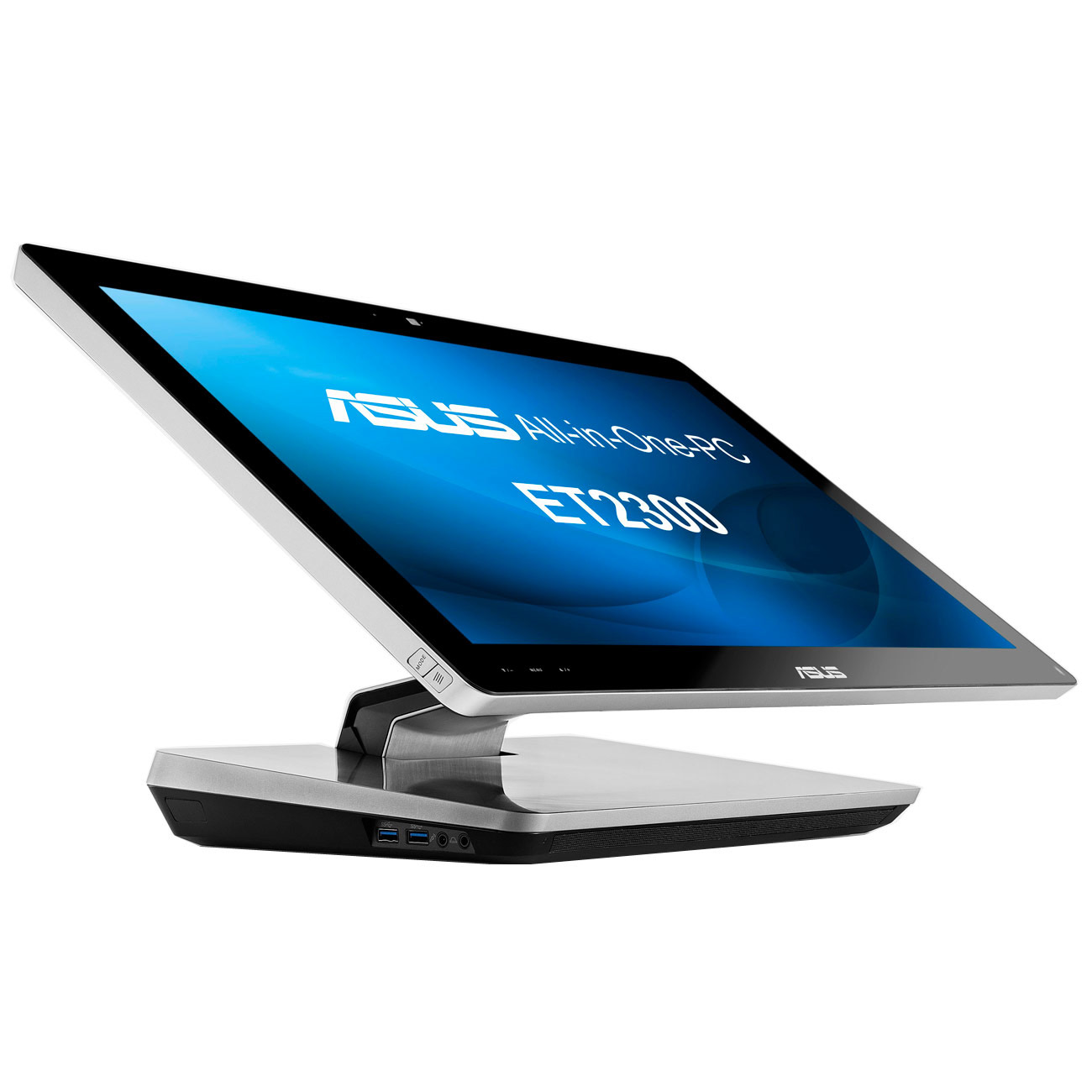 Yukarı doğru eğimli büyük bir ekranı olan, gümüş ve siyah bir ASUS All-in-One PC.