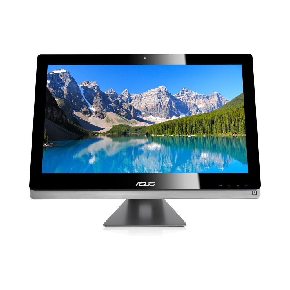 Göl ve dağları gösteren ekrana sahip Asus hepsi bir arada bilgisayar. Gümüş taban.