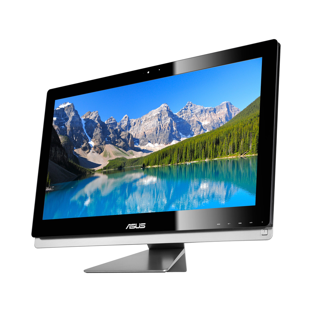 Ekranında bir manzara bulunan bir ASUS hepsi bir arada bilgisayar. Beyaz ve gümüş taban.
