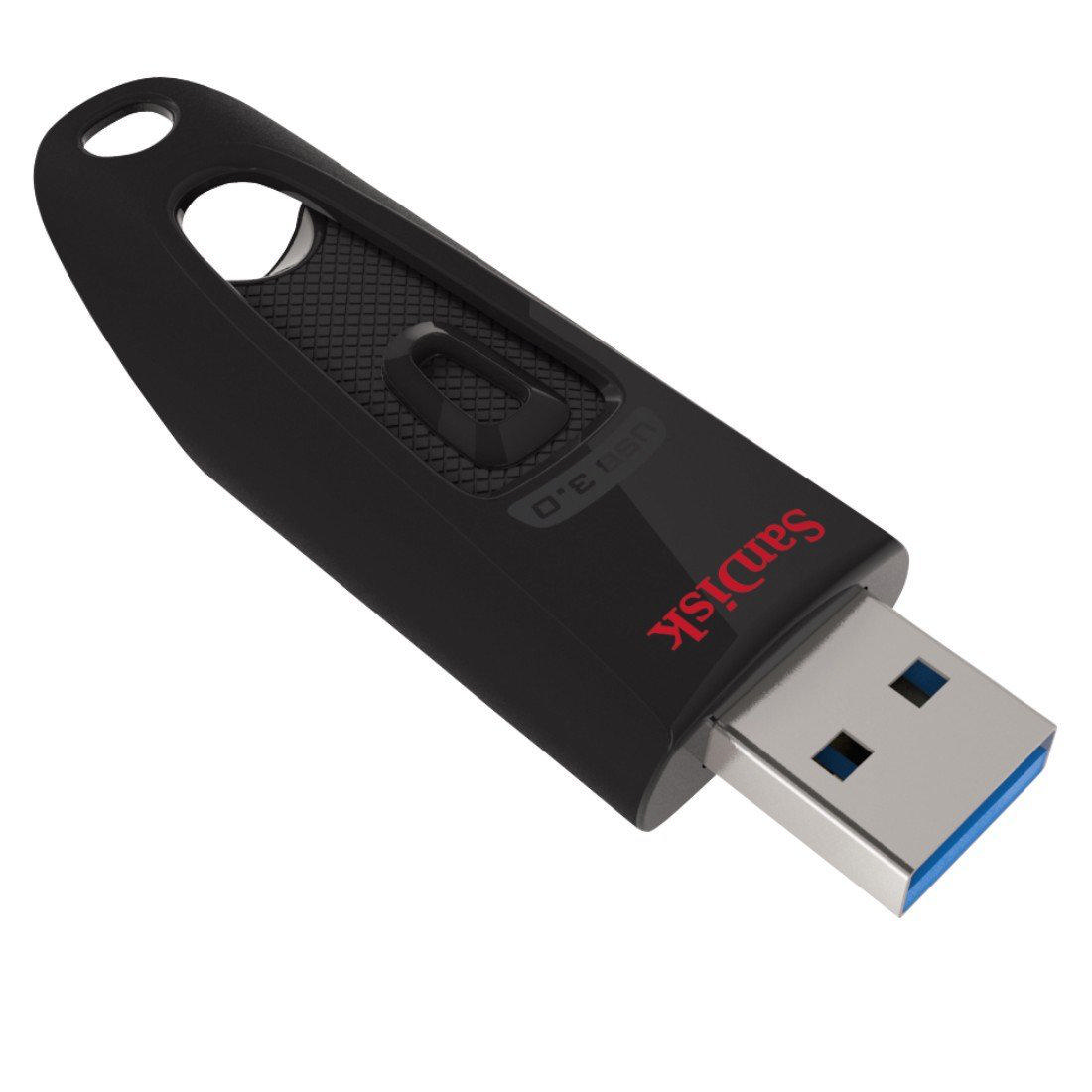 Kırmızı 'Sandisk' logosu ve mavi bir USB konektörüne sahip siyah bir USB flash sürücü.