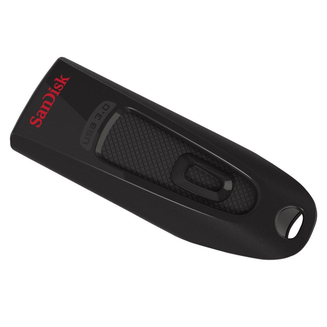 Siyah Sandisk USB 3.0 flash sürücü. Üzerinde USB 3.0 yazıyor.