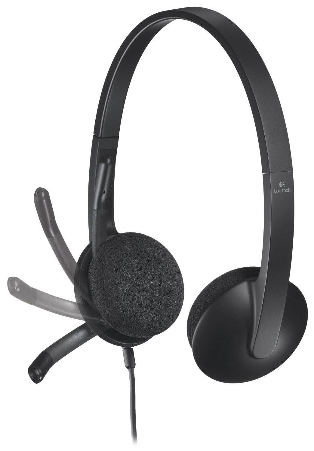Esnek bir mikrofona sahip siyah Logitech kulaklık. Mikrofon solda.