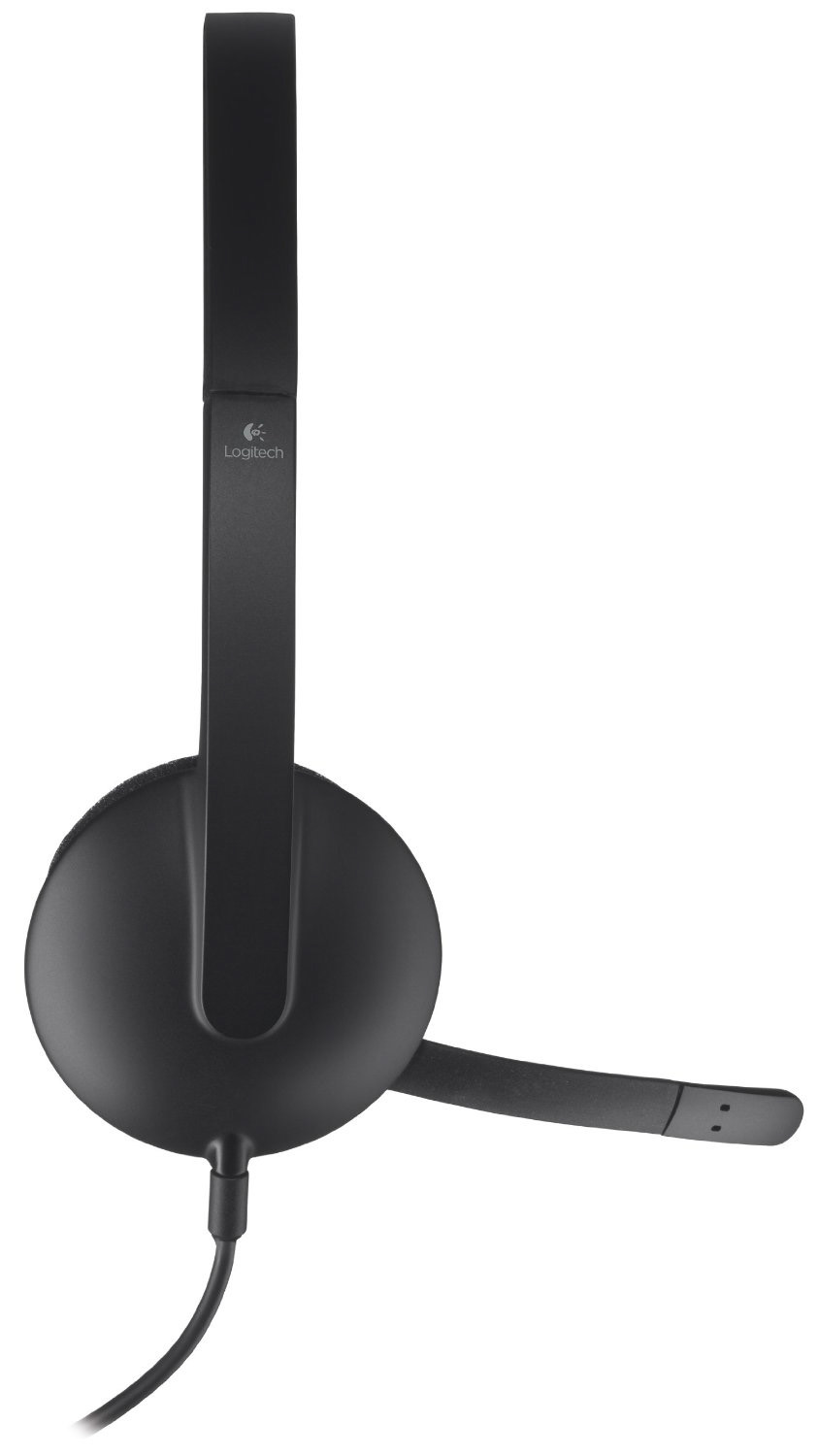 Tek kulaklık ve mikrofonlu siyah Logitech kulaklık. Beyaz zemin.
