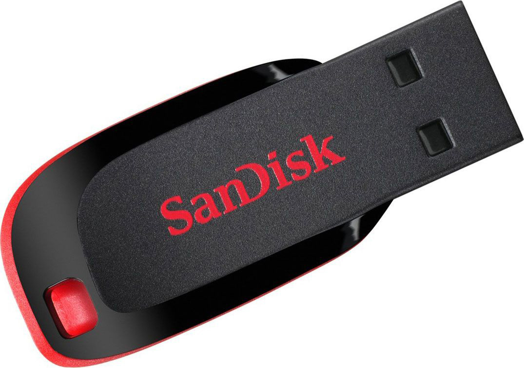 Siyah ve kırmızı SanDisk USB flash sürücü. SanDisk logosu kırmızı renkte belirgin bir şekilde gösterilir.