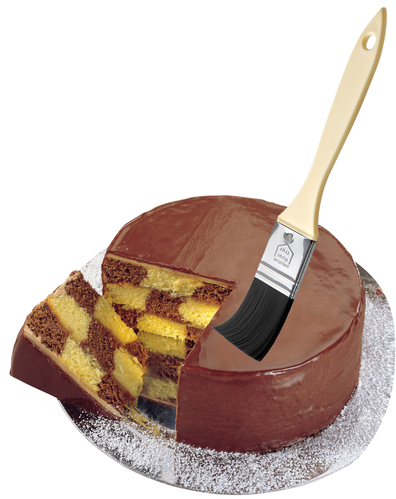 Ein Schokoladenkuchen mit einem fehlenden Stück. Ein Pinsel liegt auf dem Kuchen. Schachbrettartiges Inneres.