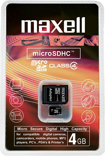 Maxell micro SDHC kártyacsomag, micro SD kártyával és adapterrel.