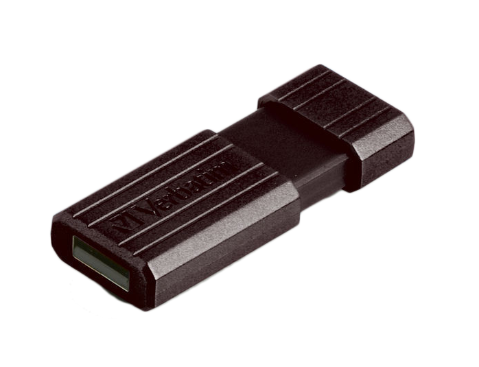 Fekete USB meghajtó. Téglalap alakú, hornyokkal. Verbatim logó elöl.