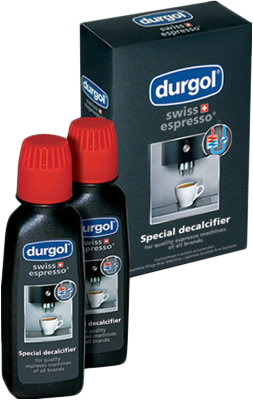 Két üveg durgol Swiss Espresso speciális vízkőoldó és egy doboz.